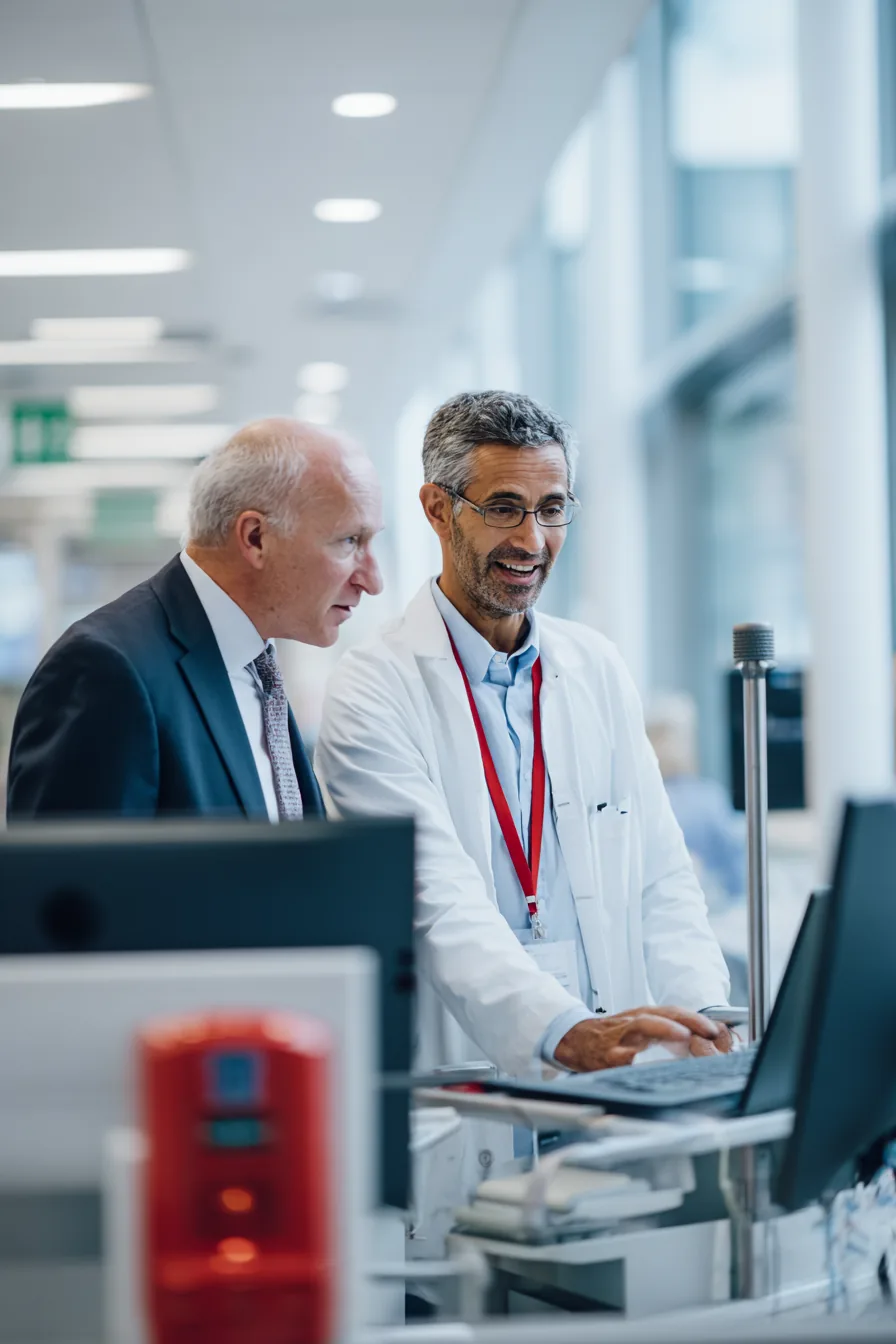 A compliance officer and colleague reviewing secure records at a workstation