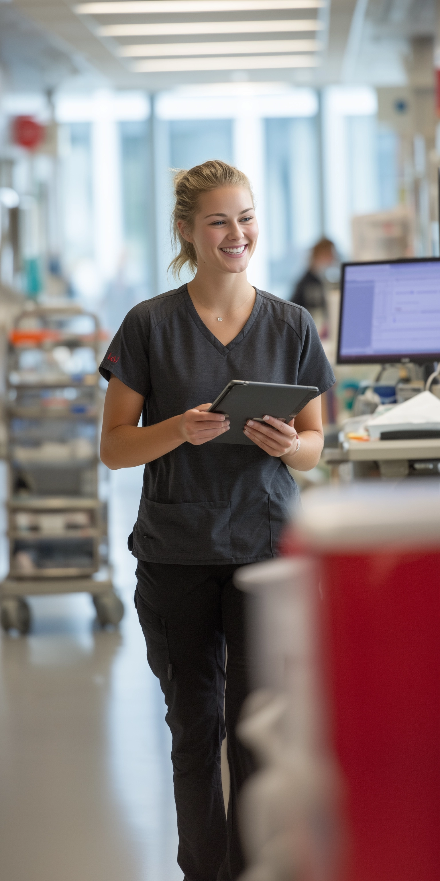 A nurse carrying a tablet walks through a busy hospital corridor.