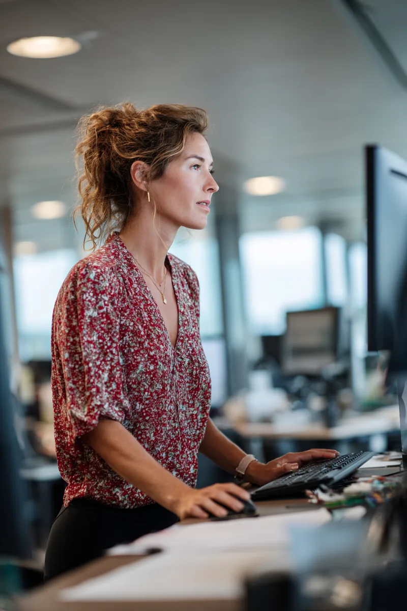 A focused professional monitoring critical fax workflows on a computer at a standing desk in a bright modern office