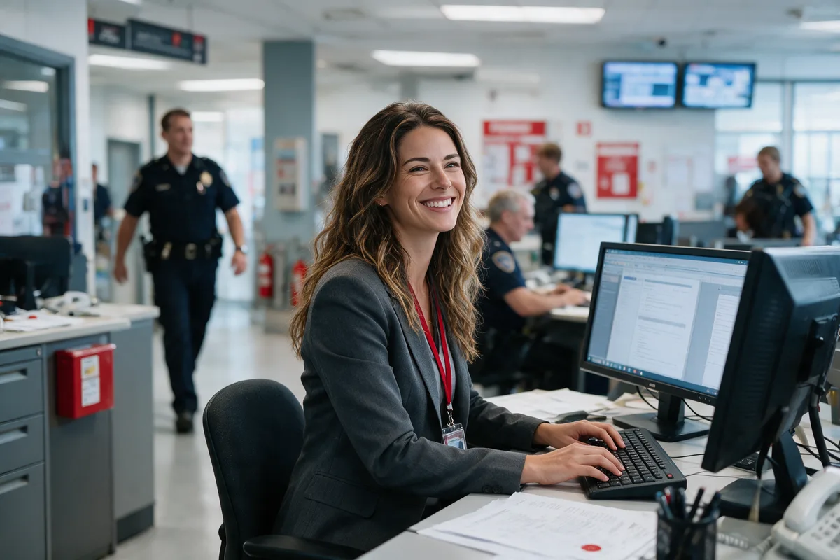 A smiling records specialist at her workstation in a busy police department records office