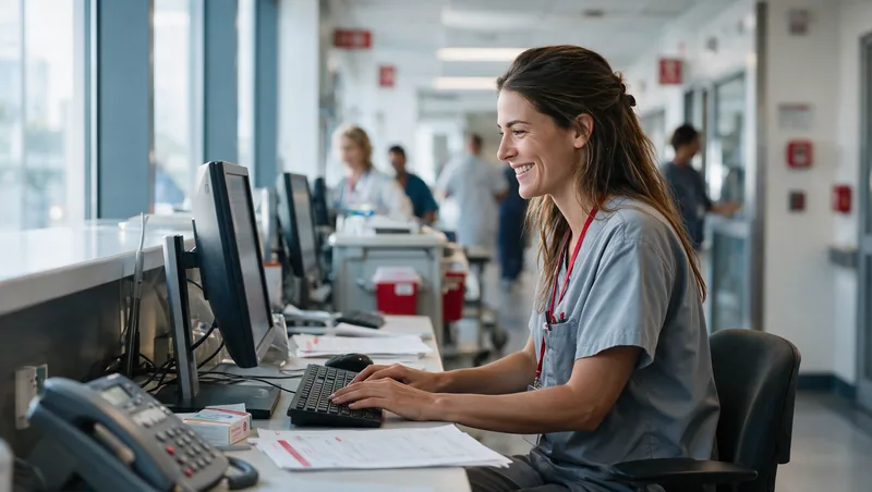 A smiling clinician working through assigned documents at a clinic workstation