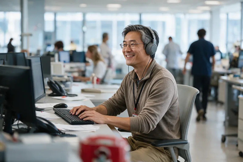 A smiling developer building on the WestFax Fax API at a workstation in a busy office