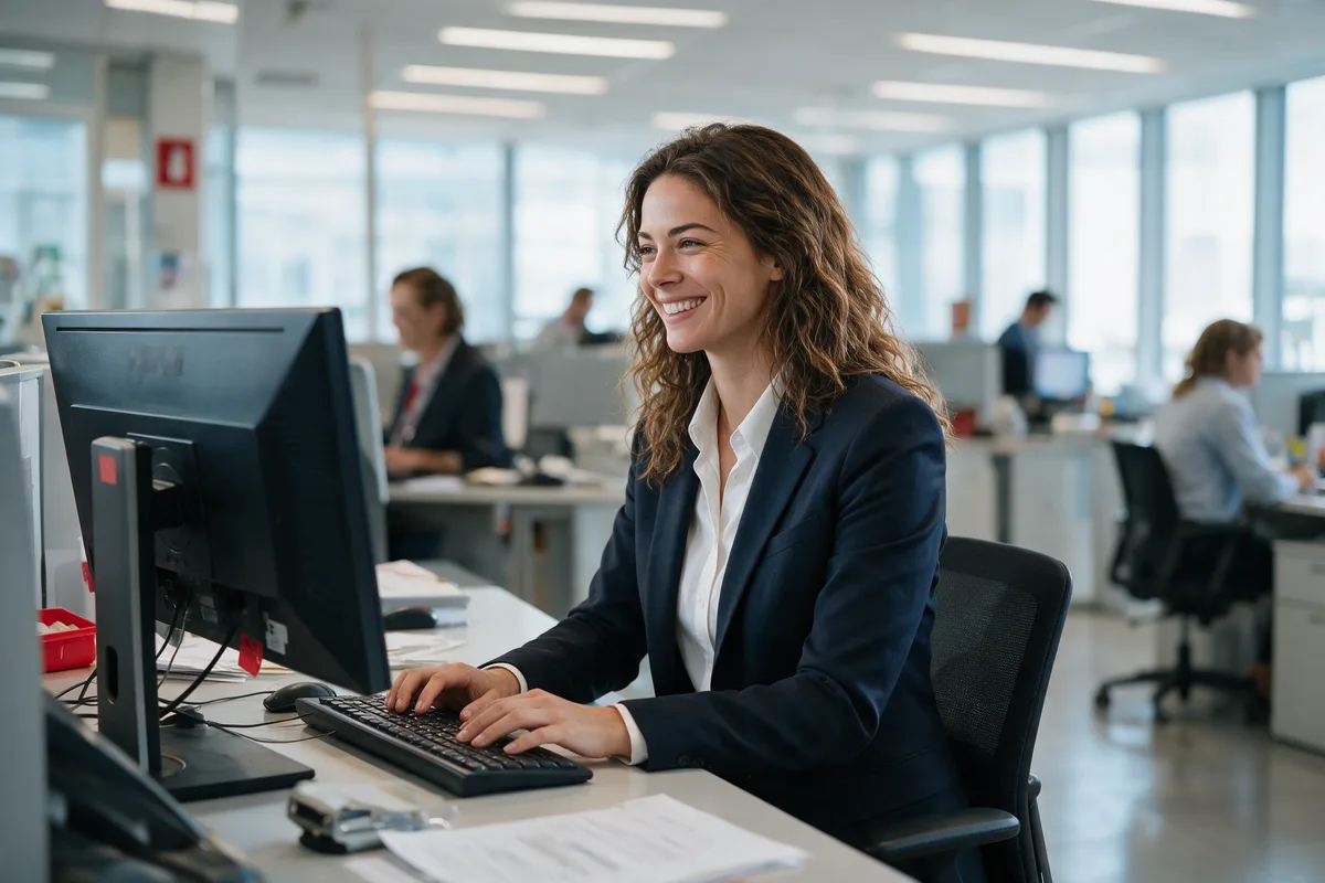 A smiling financial-services specialist working at her computer in a bright office