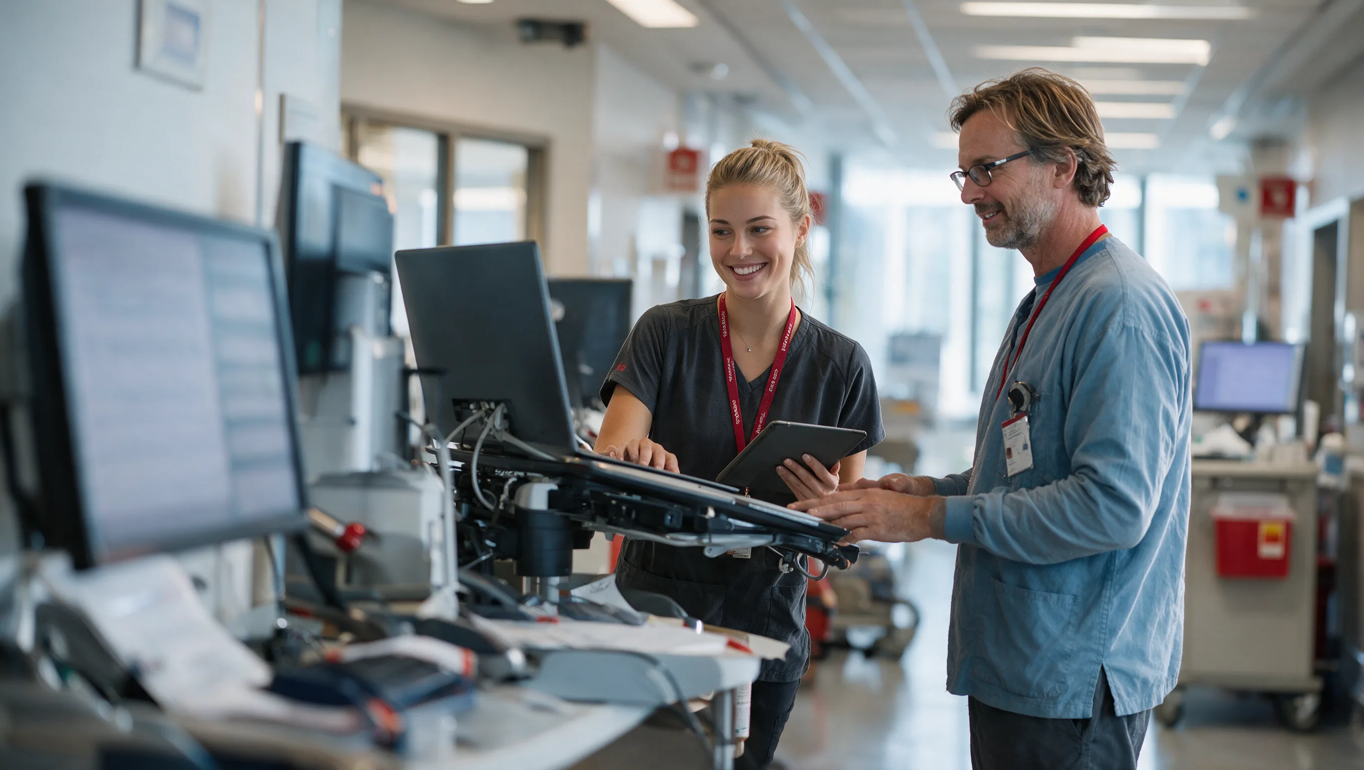 Two smiling healthcare team members reviewing user access on a tablet at a hospital workstation