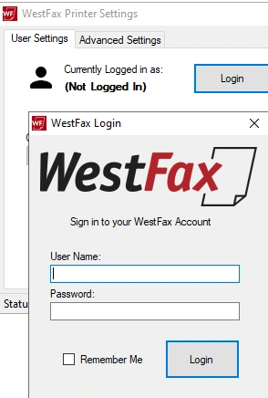WestFax Print to Fax Driver login prompt