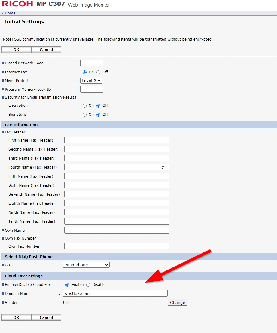 Ricoh Initial Settings with Cloud Fax Settings option
