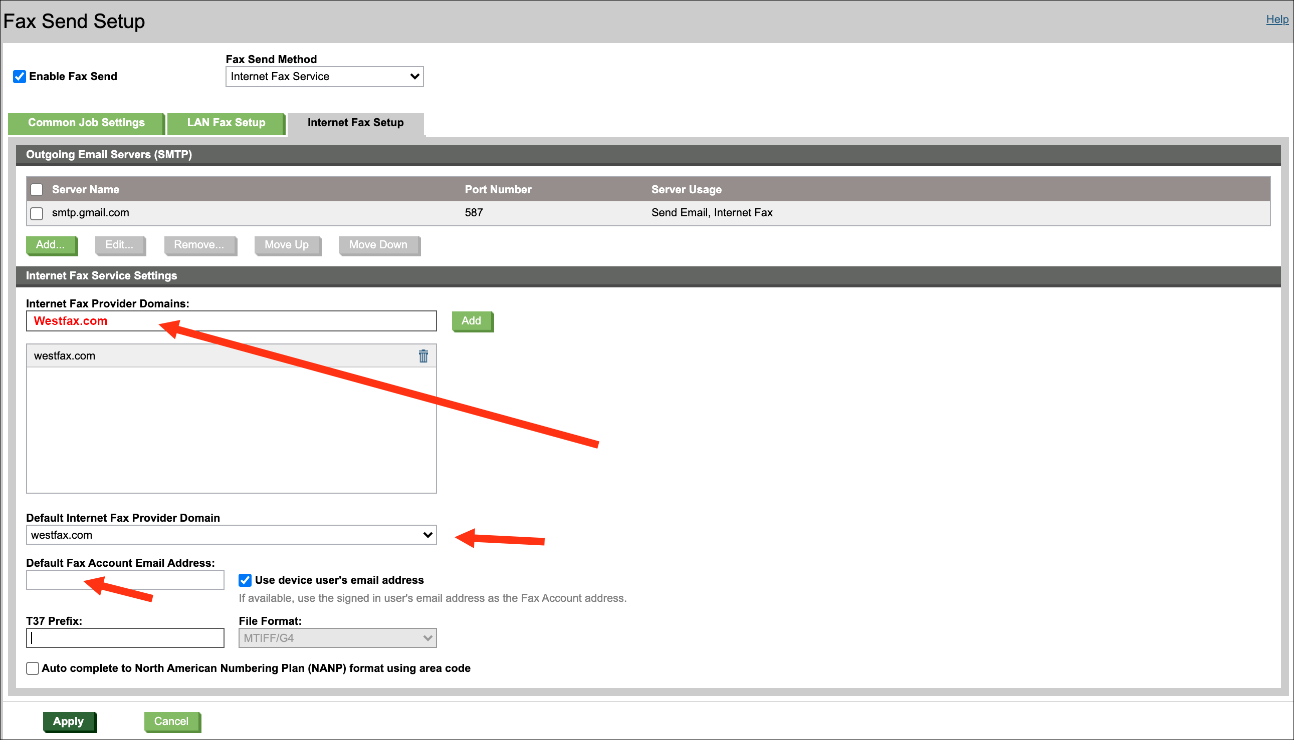 HP MFP Internet Fax Provider Domains list with westfax.com added