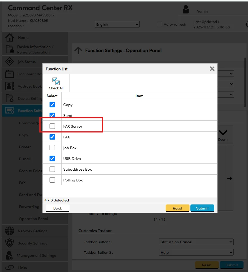 Kyocera operation panel after clicking Submit