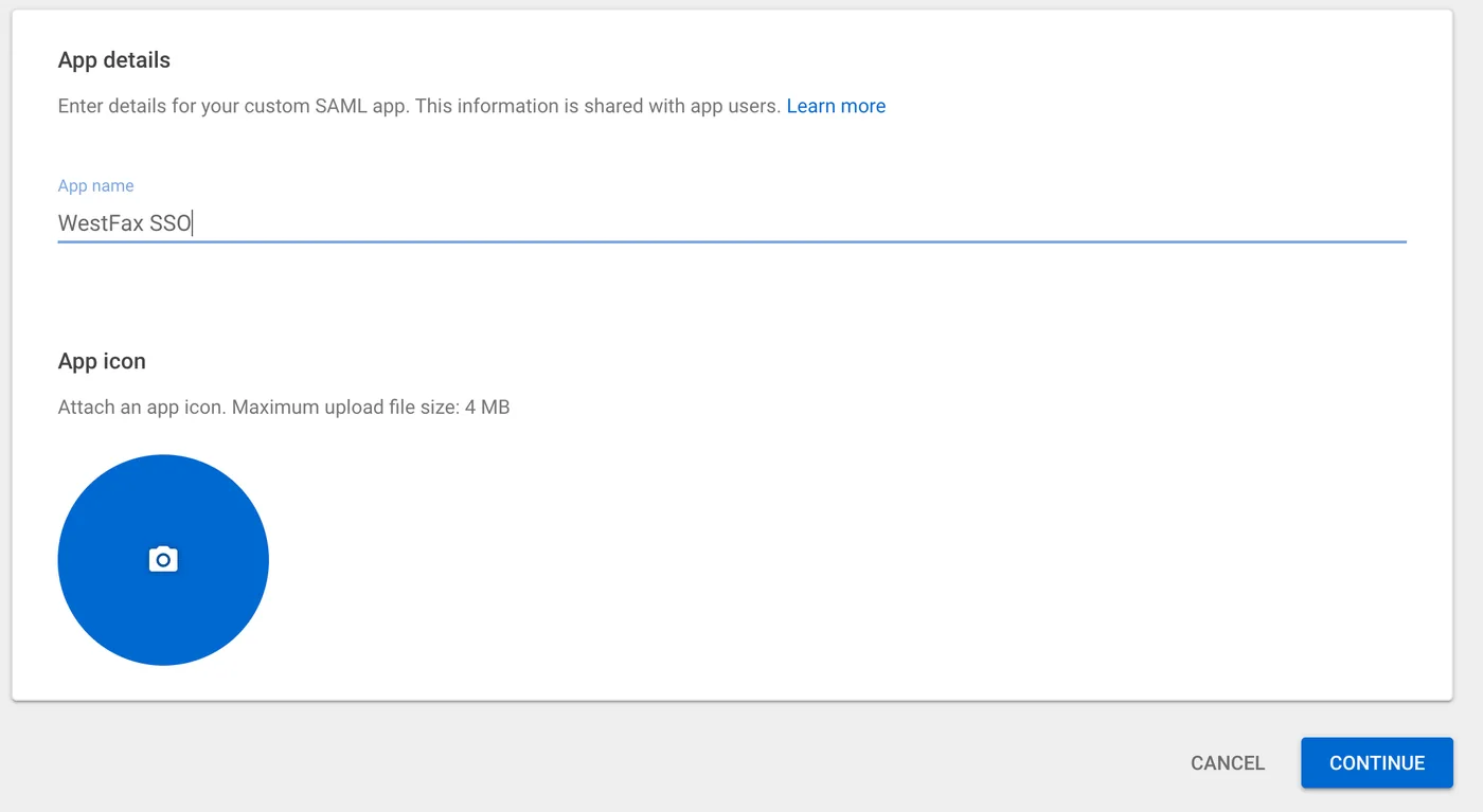 Naming the custom SAML app WestFax SSO in the Google Admin console