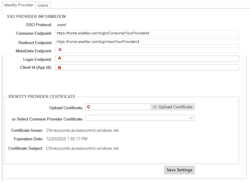The WestFax SSO settings form with fields for login endpoint, client ID, x.509 certificate, and metadata endpoint