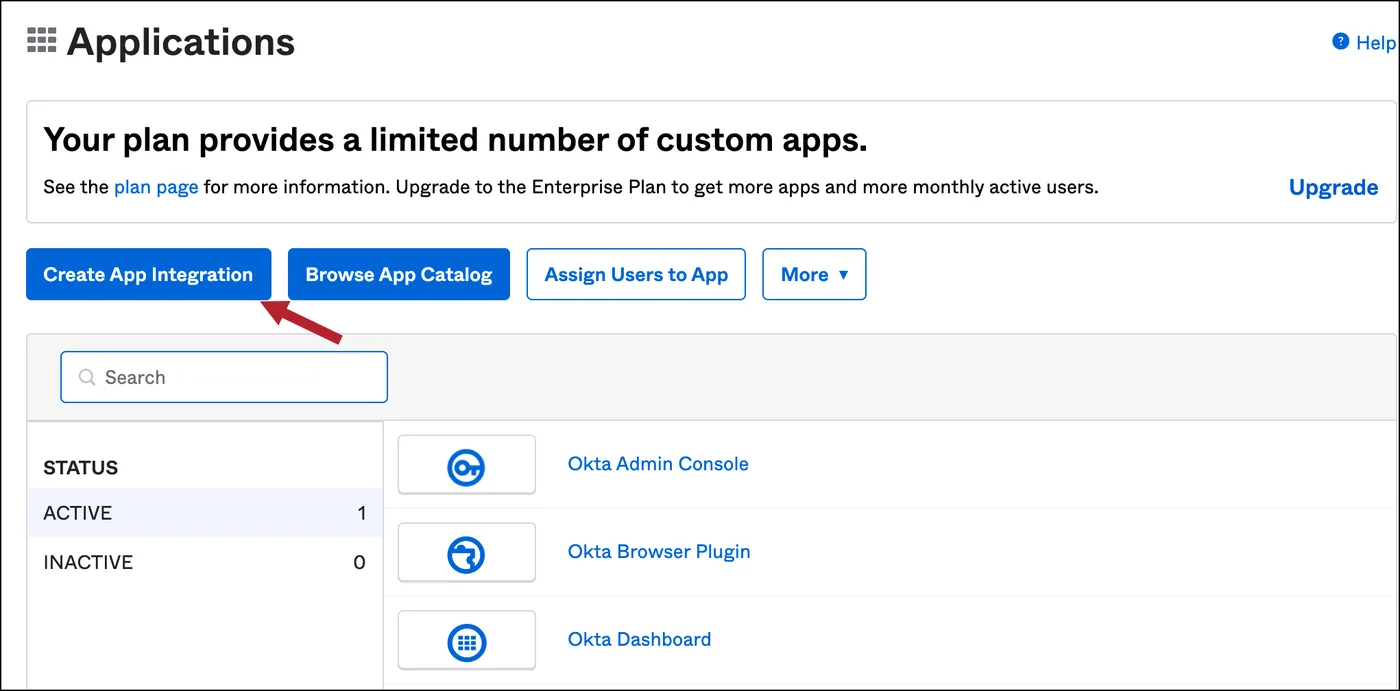 The Create App Integration button on the Okta applications page