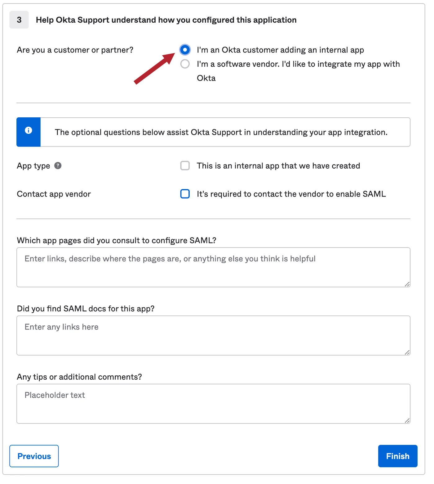 The final Okta app creation step with the internal app option selected