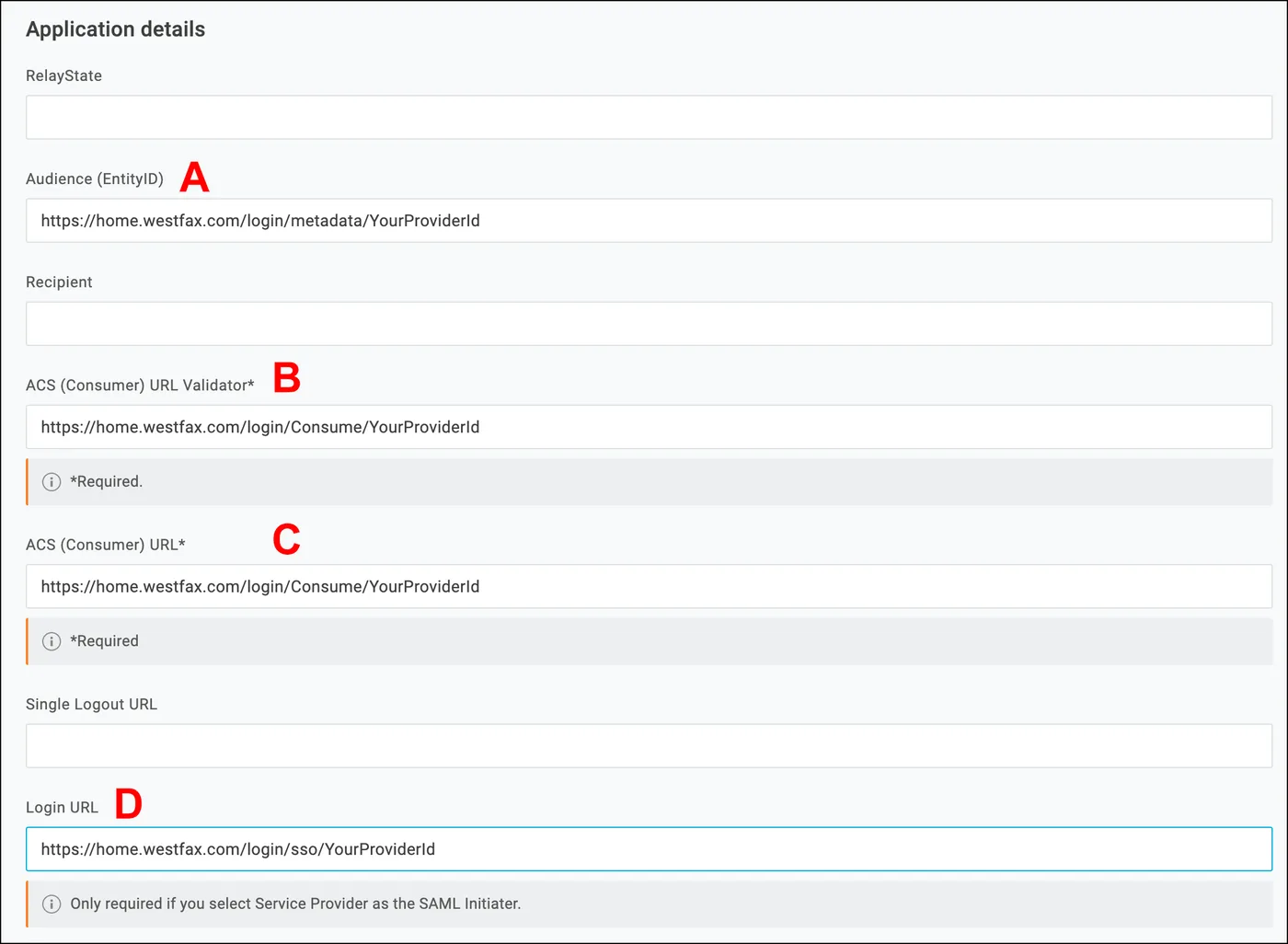 The OneLogin configuration tab with the WestFax audience, ACS URL, and login URL