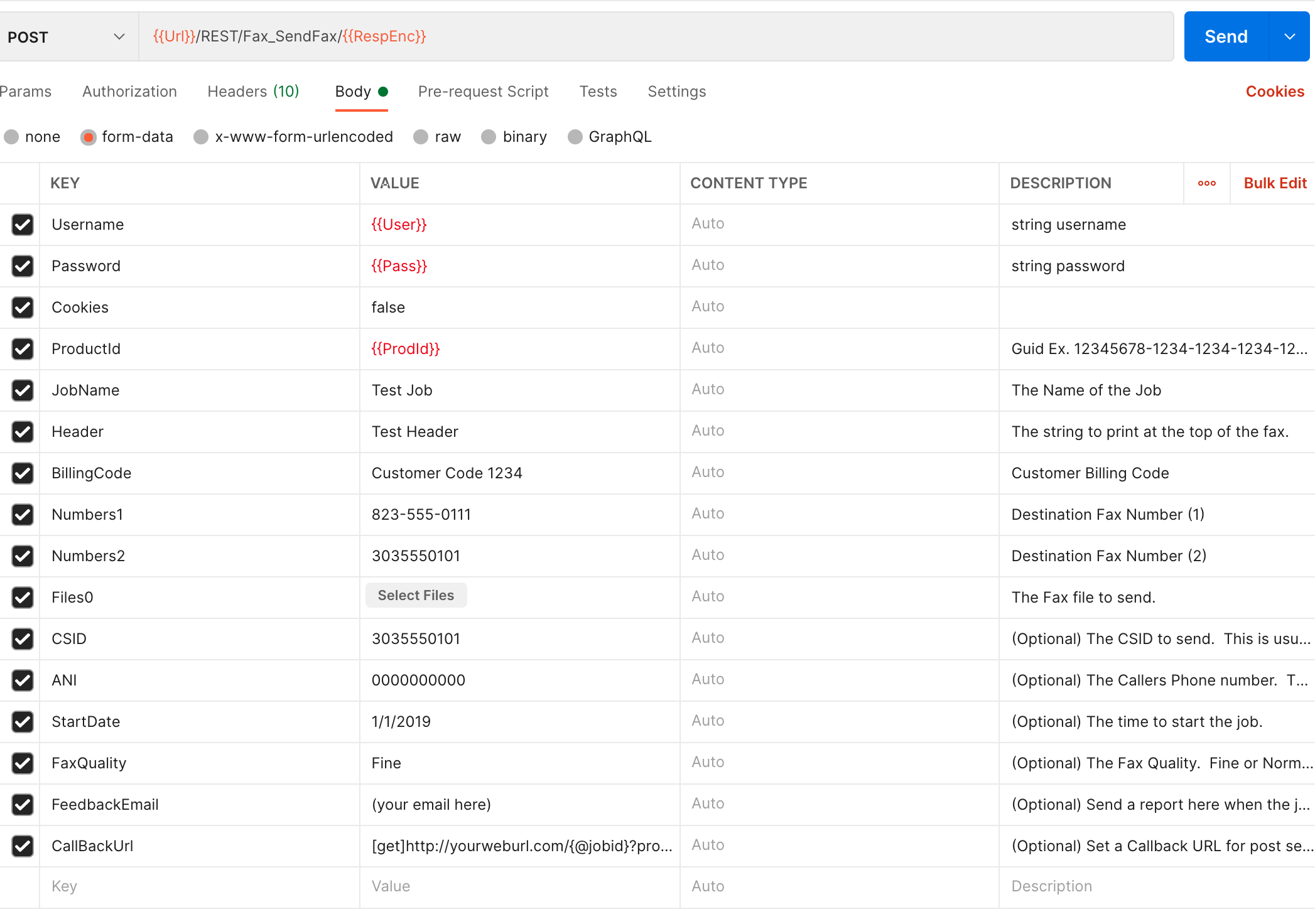 Fax_SendFax request body with User, Pass, and ProductId fields