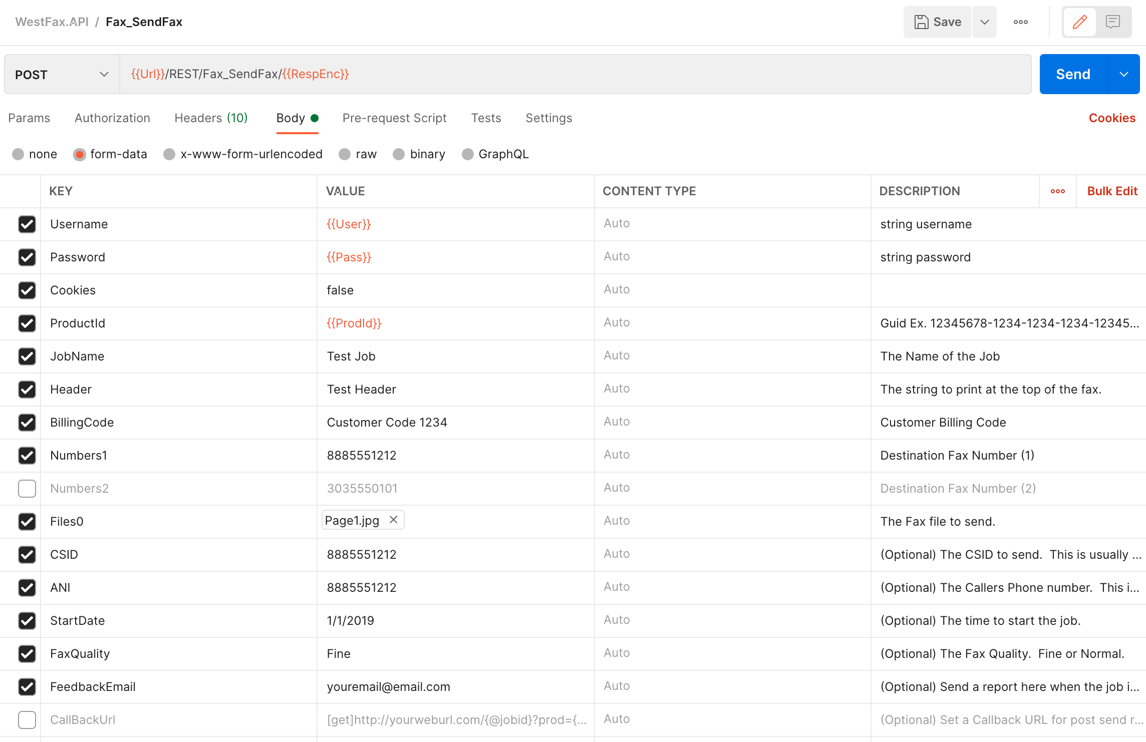 Postman Fax_SendFax request filled in with a test fax number and file