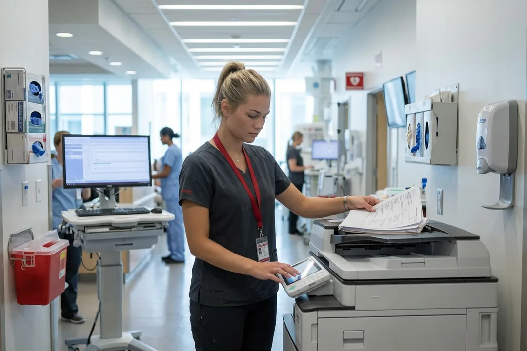 A clinician collecting patient documents from a fax-enabled multifunction printer in a hospital ward