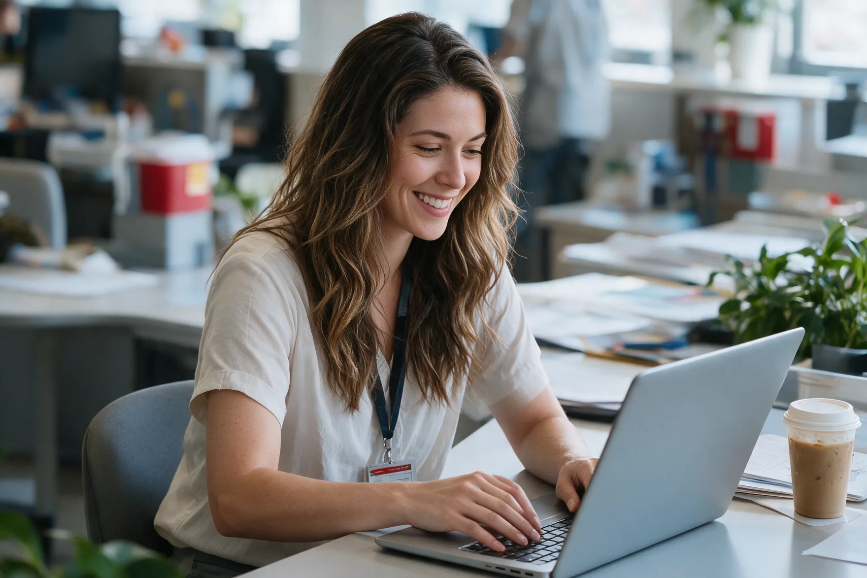 A smiling office manager sending and receiving faxes online from a laptop with WestFax