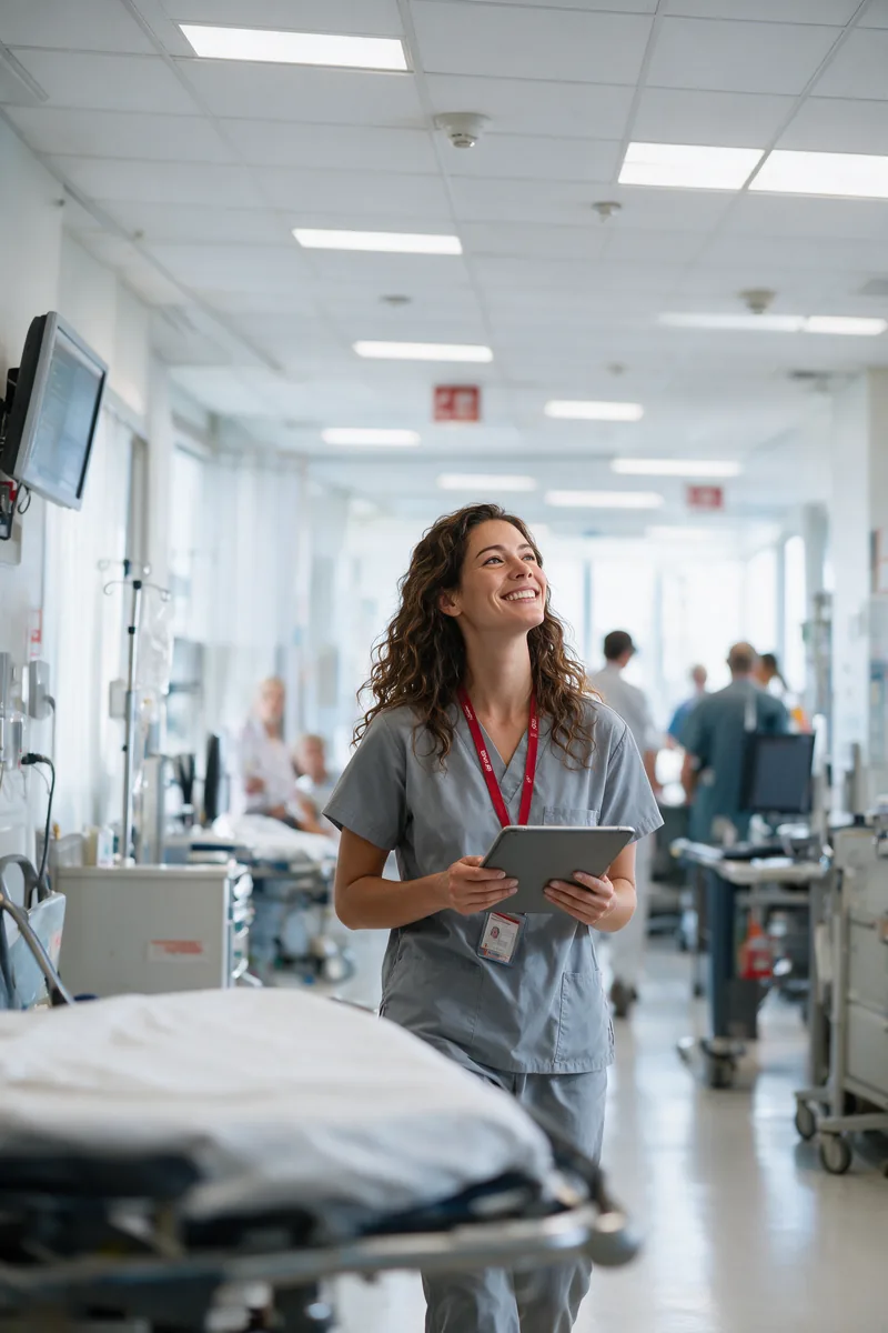 A smiling clinician holding a tablet in a bright, busy hospital corridor