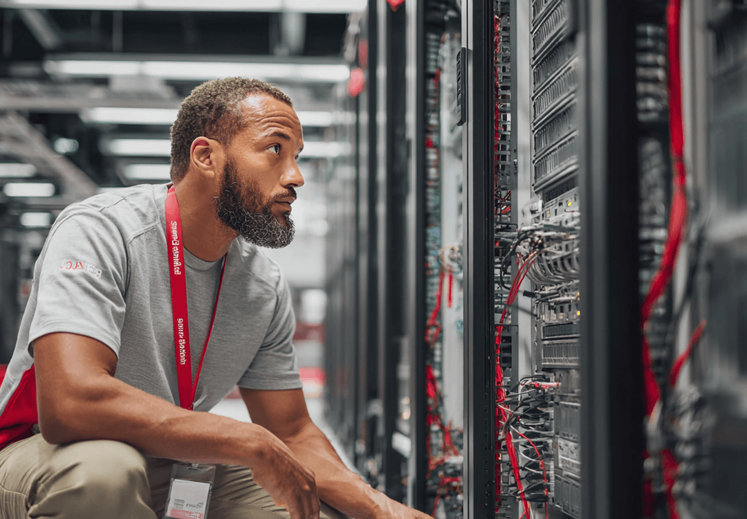 A technician inspecting server racks in a secure data center