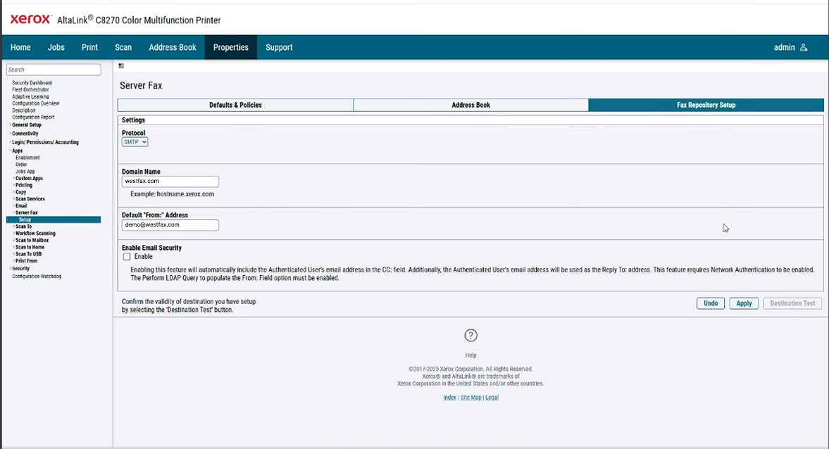 Configure WestFax domain name on Xerox