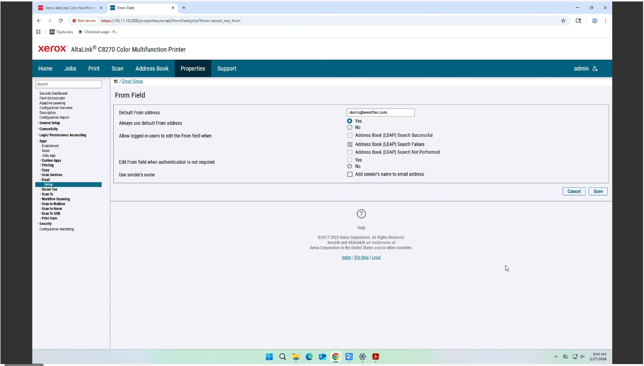 Configure Xerox From field