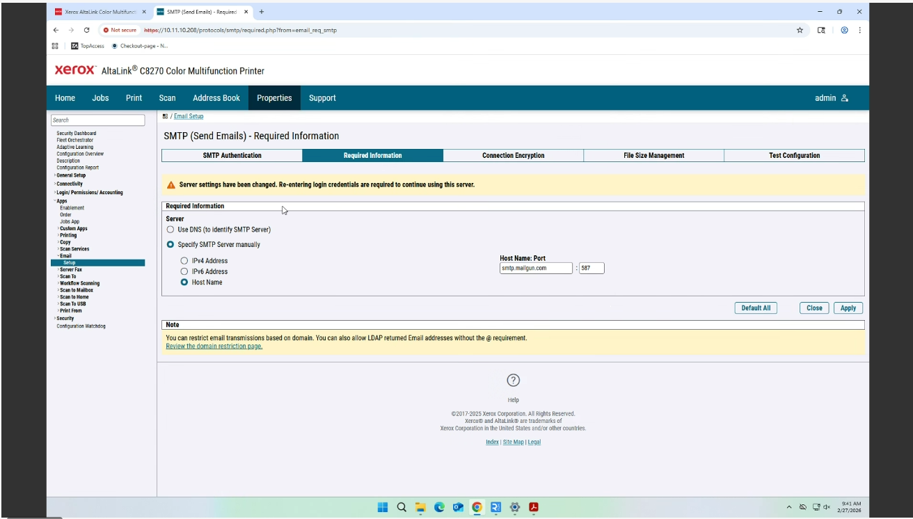 Confirm Xerox SMTP server settings