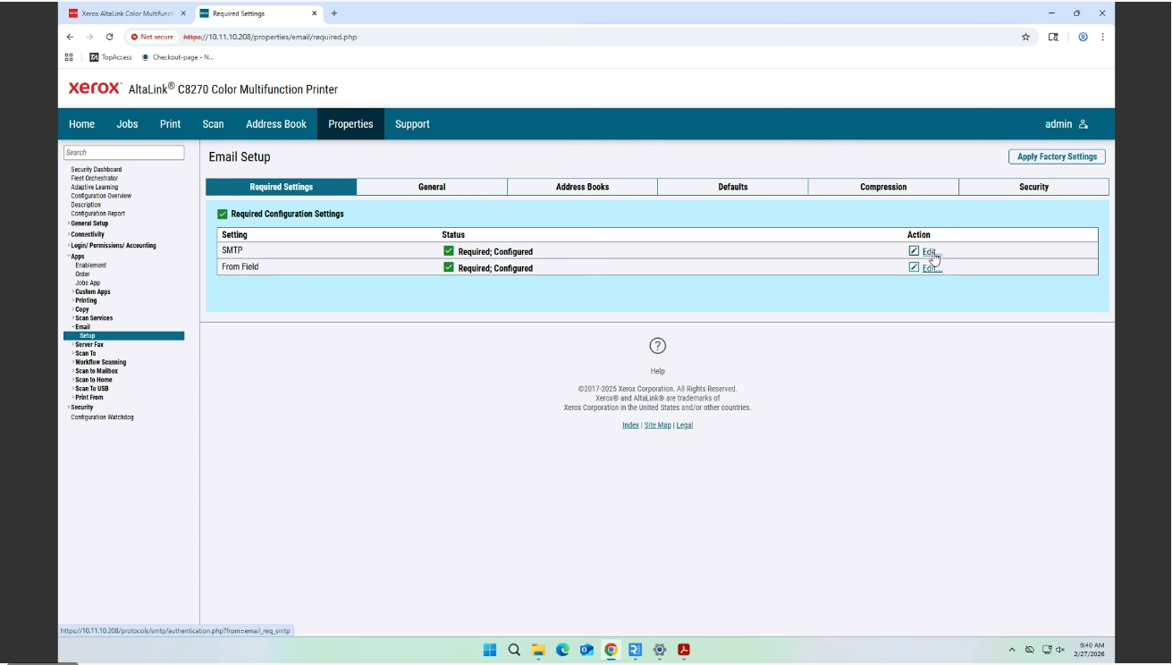 Review Xerox email setup status
