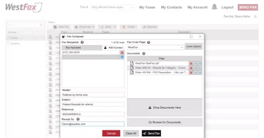WestFax Home Portal interface screenshot