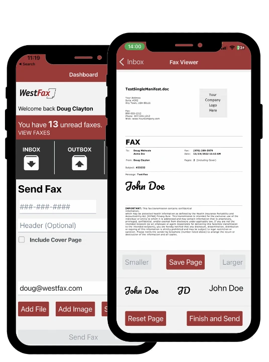 WestFax mobile application interface on smartphone